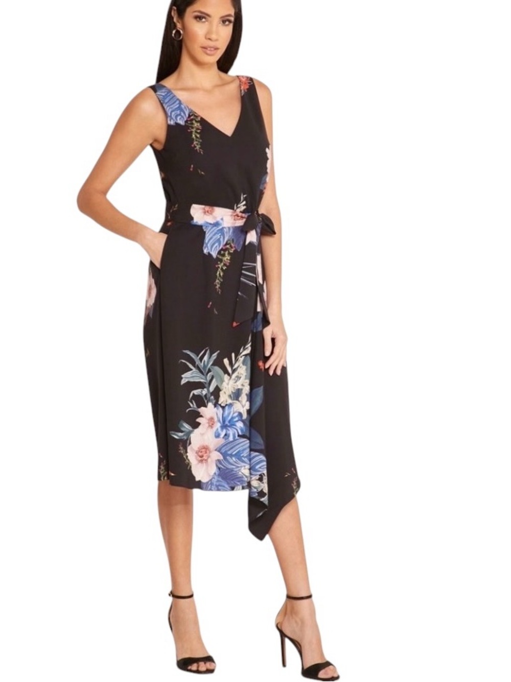Black Floral V-Neck Sleeveless Midi Dress Asymmetrical Trinni Jamboree Size 4‎